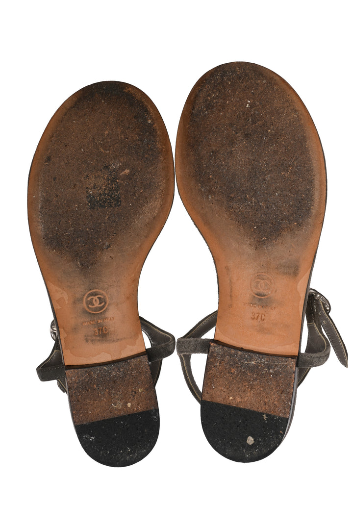 Chanel Size 37 CC Logo Suede T-Strap Sandals