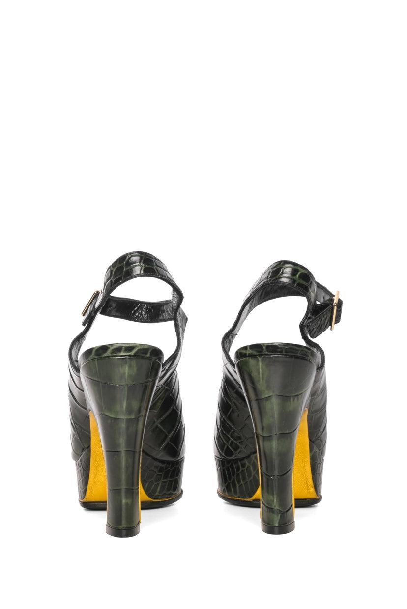 Dries Van Noten Size 40 Croc Embossed Leather Peep Toe Sandals