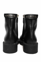 Chanel Size 38.5 Leather Logo Ankle Boots