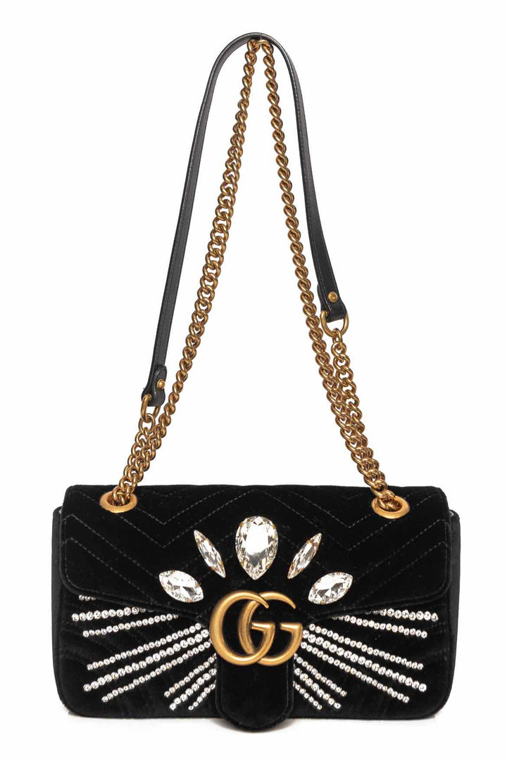 Gucci Black Velvet & Crystal Embellished GG Marmont Small Metelasse Shoulder Bag