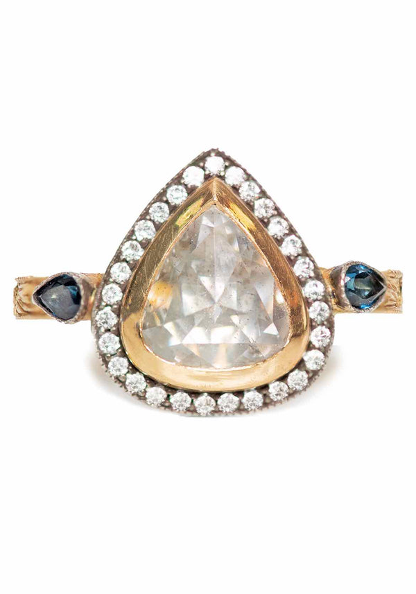 Baharra Size 6.75 Vintage Engraved Gold, Diamond & Sapphire Ring