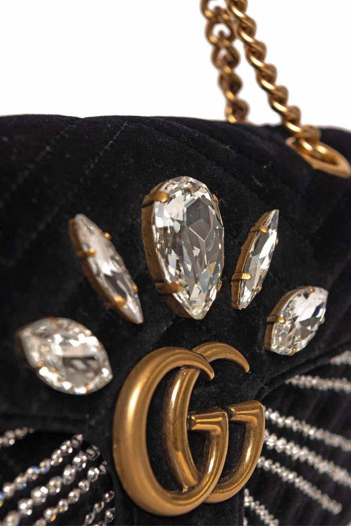 Gucci Black Velvet & Crystal Embellished GG Marmont Small Metelasse Shoulder Bag