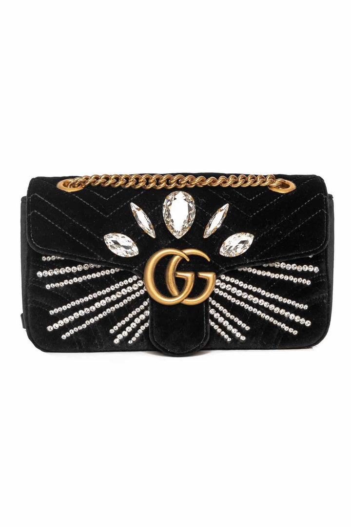 Gucci Black Velvet & Crystal Embellished GG Marmont Small Metelasse Shoulder Bag