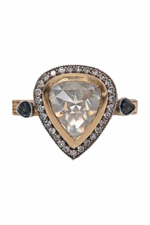 Baharra Size 6.75 Vintage Engraved Gold, Diamond & Sapphire Ring