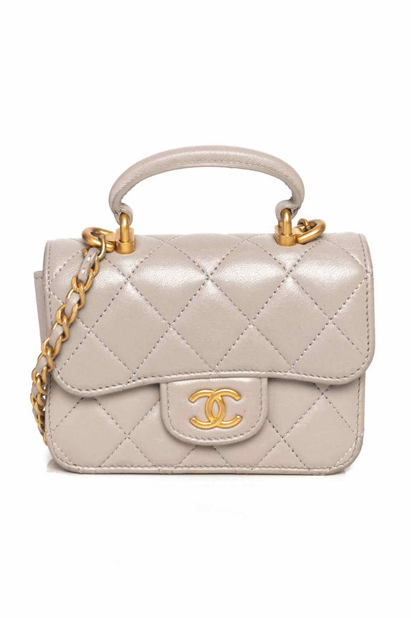 Chanel 2021 Quilted Leather Micro Top Handle Chain Crossbody Bag